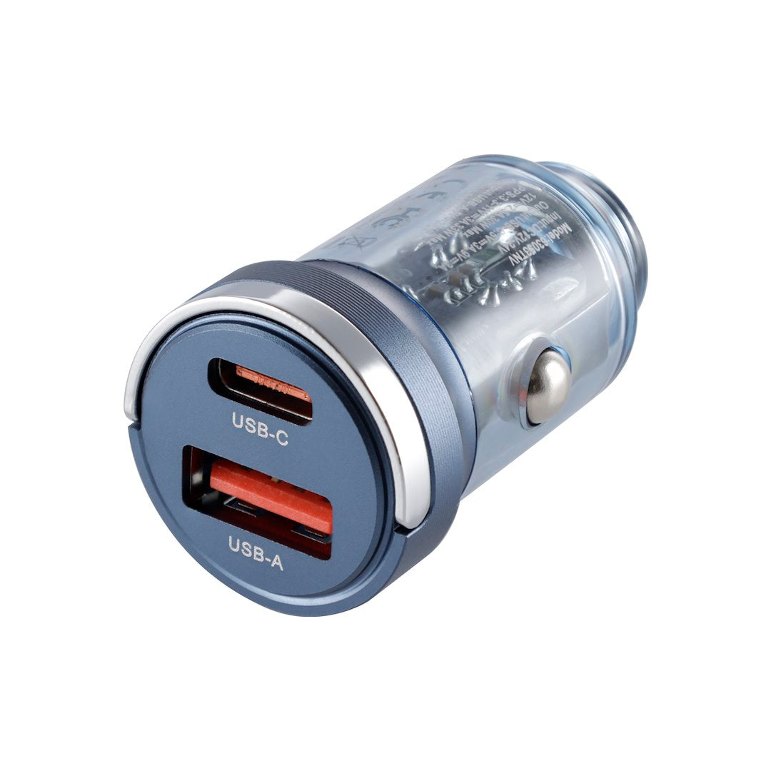 WAYME töltő 12/24V, USB 18W + USB-C PD 33W, gyűrűvel, átlátszó kék színű