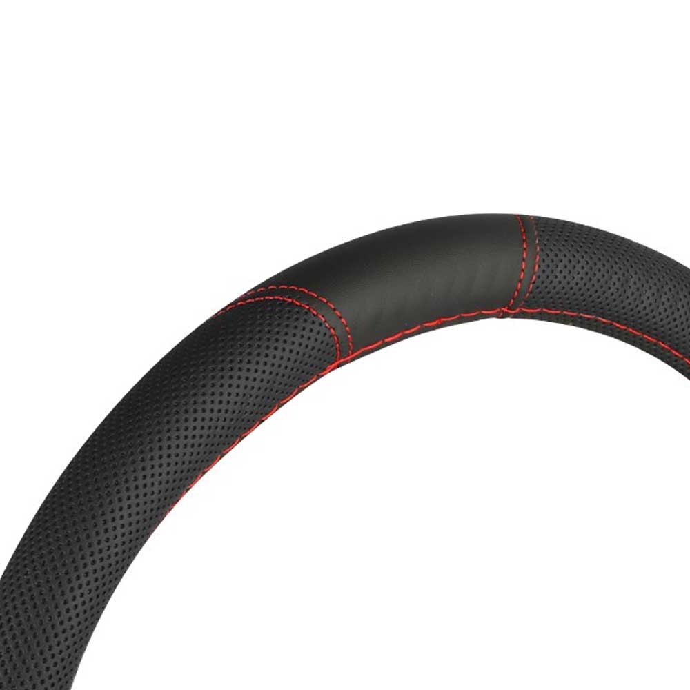 Kormányvédő huzat PU bőrből (37–39 cm, fekete, piros varrással)