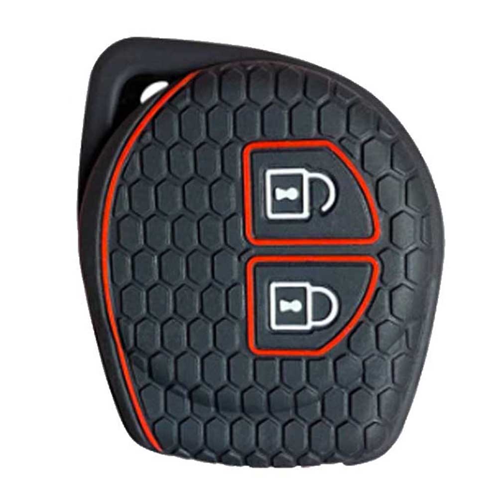 Fekete színű, 2 gombos Suzuki kulcs szilikon tok piros díszítéssel.