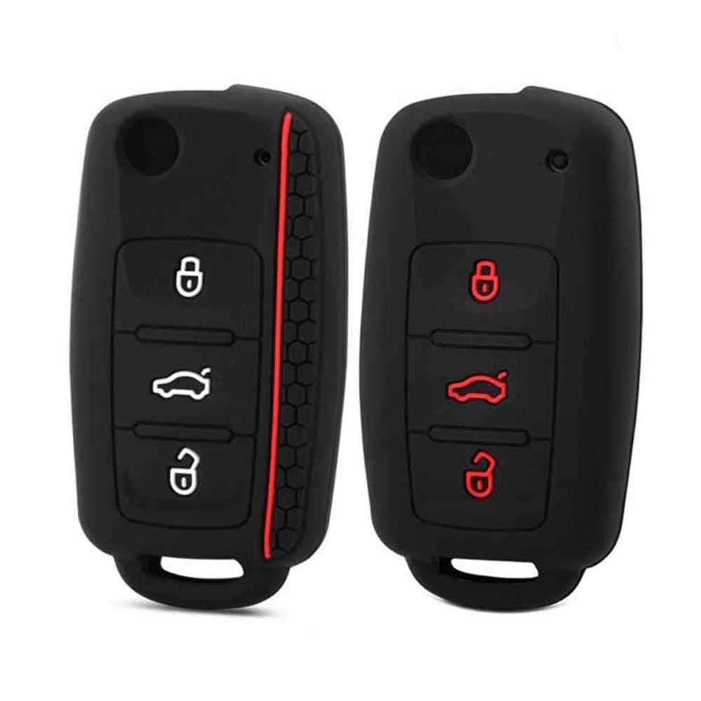 3 gombos VW bicskakulcs szilikon tokok fehér és piros mintával.