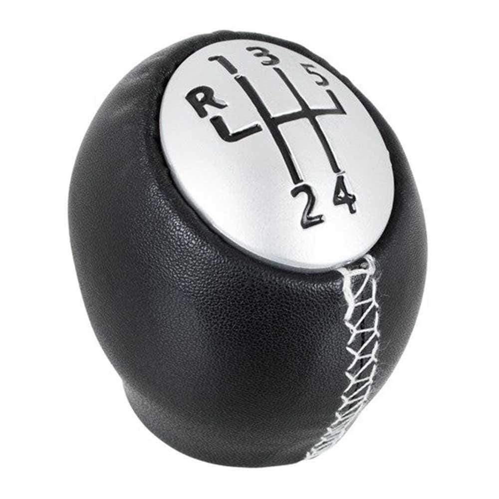 Fekete színű, bőrözött 5 sebességes Dacia váltógomb. Ezüst színű számlappal, fehér varrással.