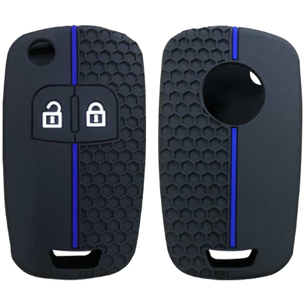 Opel 2 gombos kulcs szilikontok fekete színben kék díszcsíkkal