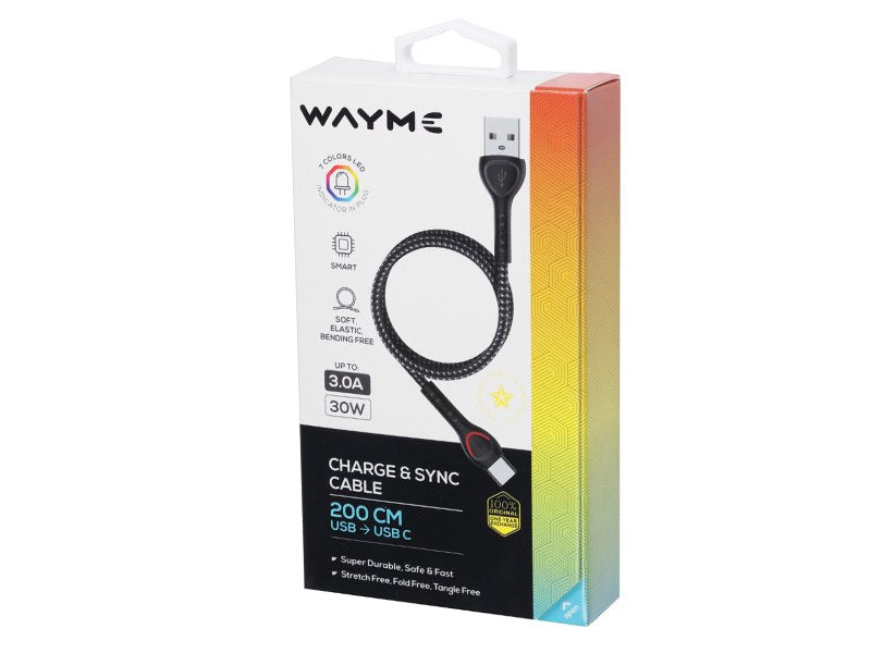 WAYME töltő  és szinkronizáló kábel  fonott mikroszálas LED háttérvilágítás 200 cm USB> USB C – kép 4