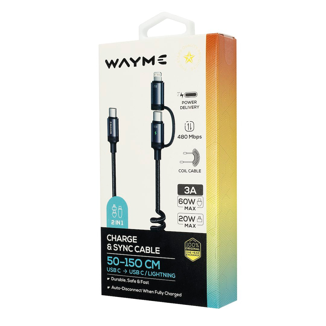 WAYME Mikroszálas fonott töltő  és szinkronizáló kábel spirál 50   150 cm USB C > USB C  Lightning max 60W – kép 4