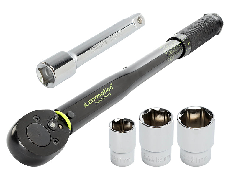 Nyomatékkulcs 28-210 Nm, 1/2" + 17, 19 és 21 mm-es dugókulcsok + 125 mm-es hosszabbító, kalibrációs tanúsítvány