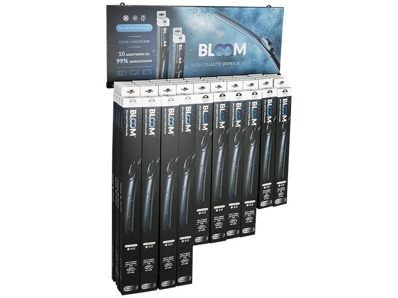Lapos ablaktörlő lapátok készlete BLOOM U Multifit 10 adapterrel, 40 db + felfüggesztett kijelző