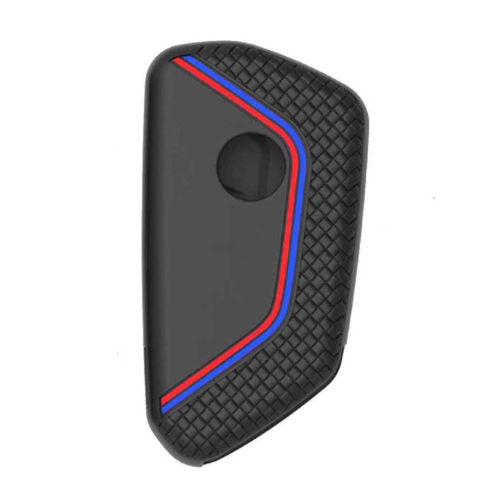 Skoda 3 gombos kulcs szilikontok fekete színben, piros és kék díszcsíkkal
