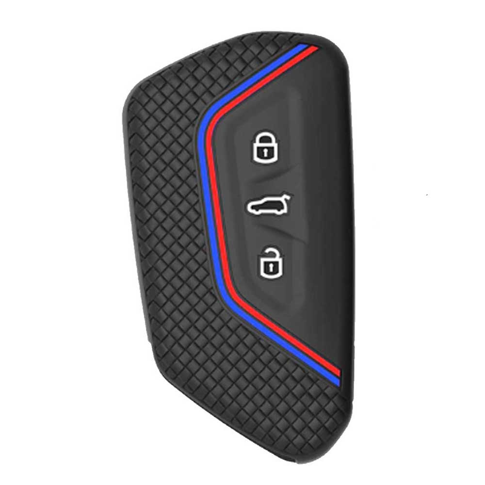 Skoda 3 gombos kulcs szilikontok fekete színben, piros és kék díszcsíkkal