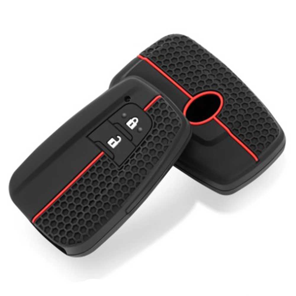 Fekete színű, 2 gombos Toyota szilikon tok piros színű csíkkal.