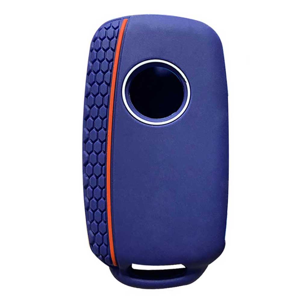 Sötétkék színű, 3 gombos VW kulcs, bicskakulcs szilikon tok hátulja