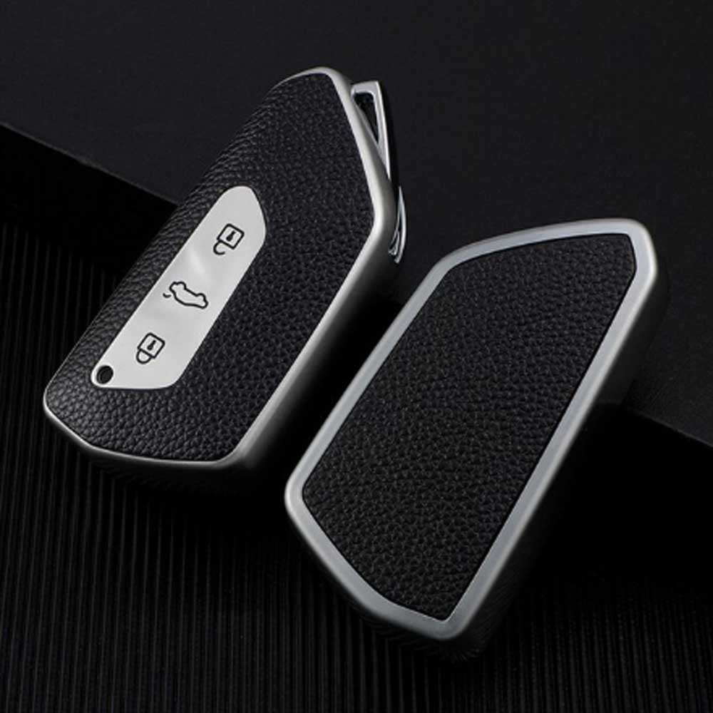 VW 3 gombos TPU+bőr kulcstok - Fekete-Ezüst