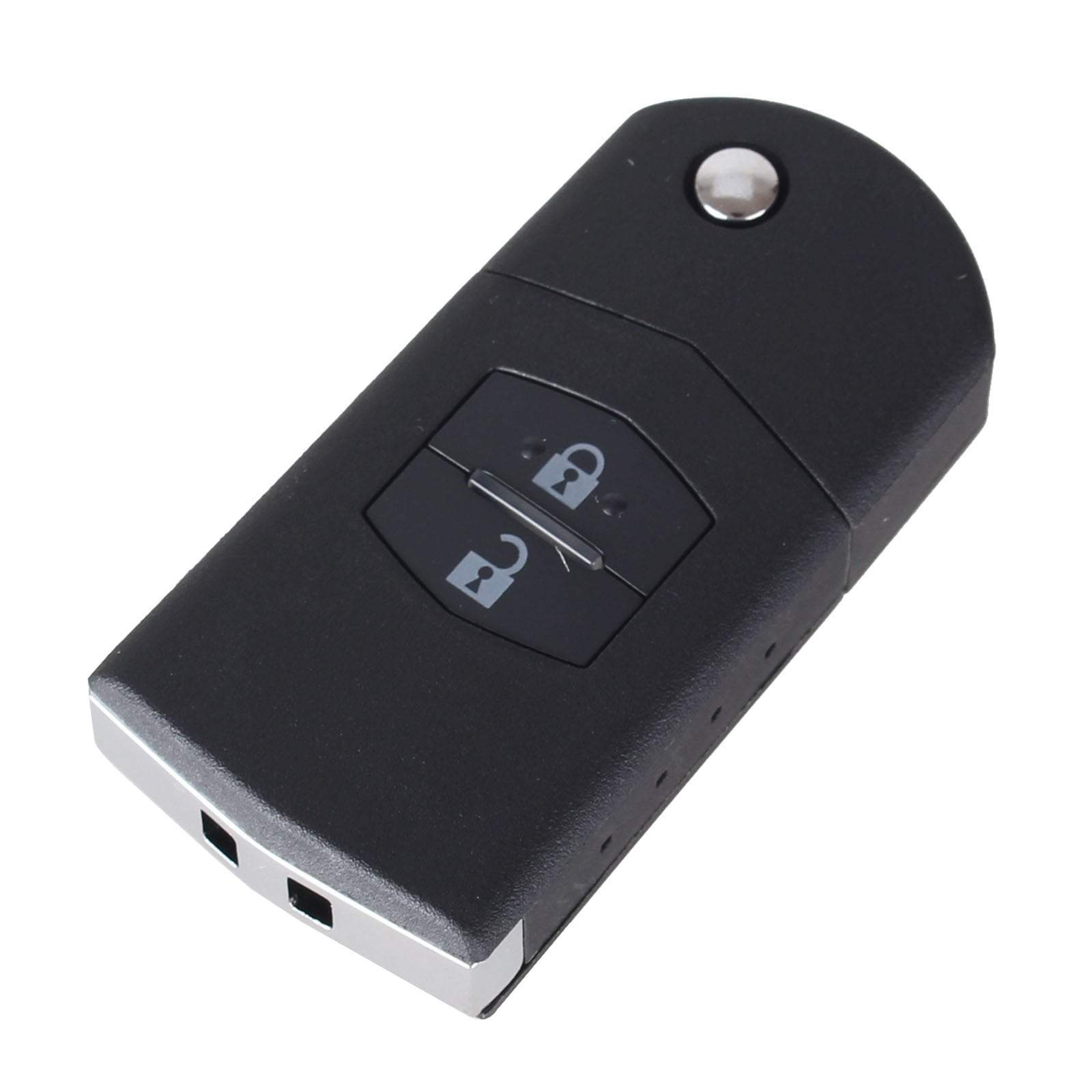 Fekete színű, 2 gombos Mazda bicskakulcs, kulcsház.