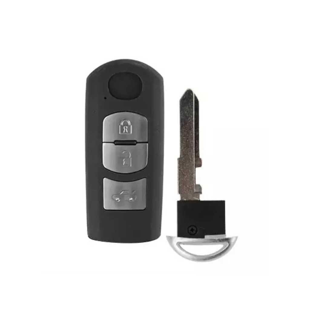 Fekete színű, 3 gombos Mazda kulcs, kulcsház ezüst színű gombokkal, nyers kulcsszárral.