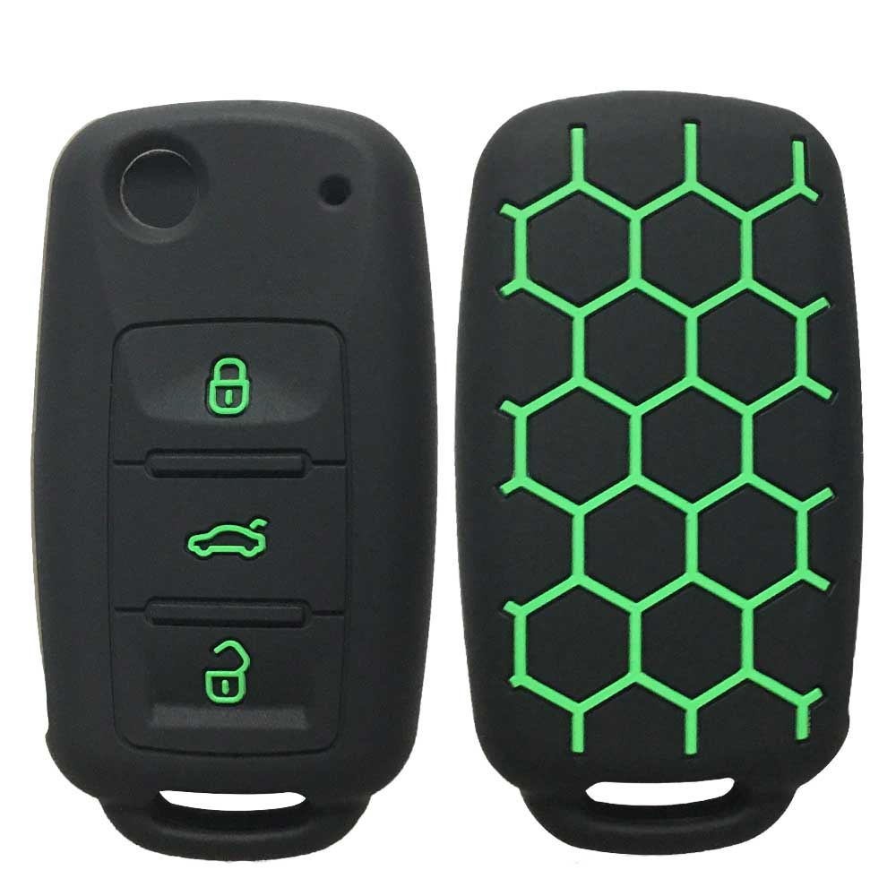 Skoda Octavia A5 3 gombos kulcs szilikon tok fekete színben zöld gombokkal