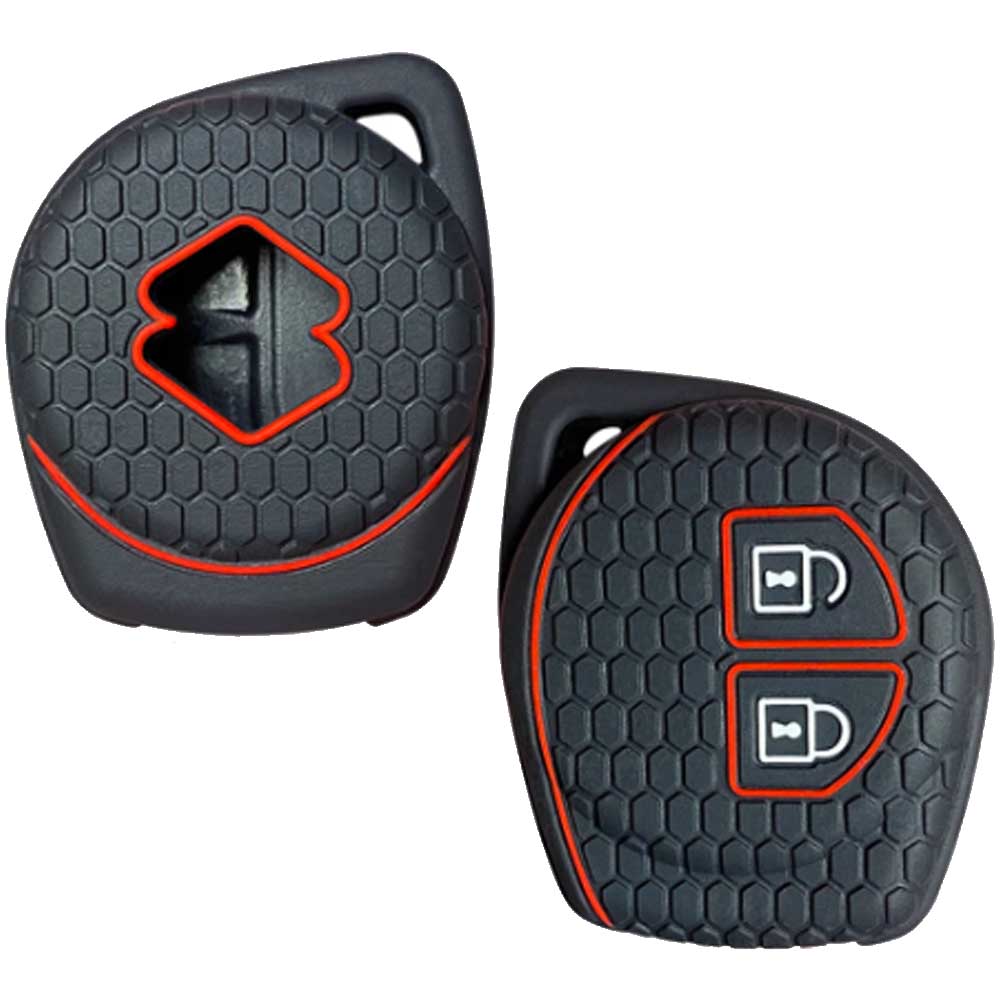 Fekete színű, 2 gombos Suzuki kulcs szilikon tok piros díszítéssel.